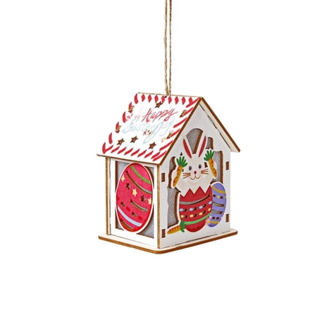 C Bunny And Colored Egg Wooden House Hanging Decoration With Built In String Lights For Easter And Spring Celebrations Easy Installation With Included Rope 3.54 Inches By 2.95 Inches