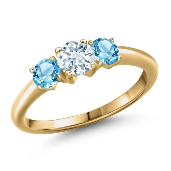 Gem Stone King 18K Yellow Gold Plated Silver Sky Blue Aquamarine and Swiss Blue Topaz Engagement Ring for Women | 1.21 Cttw | Round 5MM | Gemstone March Birthstone | Size 7