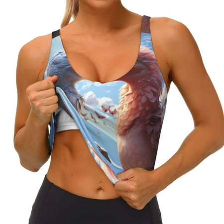 Qokaie Red And White Bird Couple Pattern Womens Scoop Neck Sports Bra Breathable Workout Vest Padded U Back Medium Impact Fitness Gym Yoga Bra Workout Crop Top