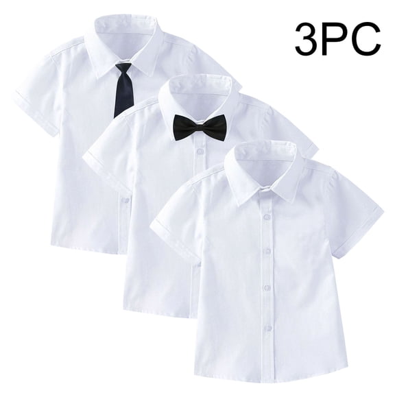 Trikvn 3-Pack Boys Short Sleeve Dress Shirts Button Down Collar Shirt with Necktie and Bowtie Kids Formal Clothes Set for Wedding Party Ring Bearer Toddler Boy Outfits