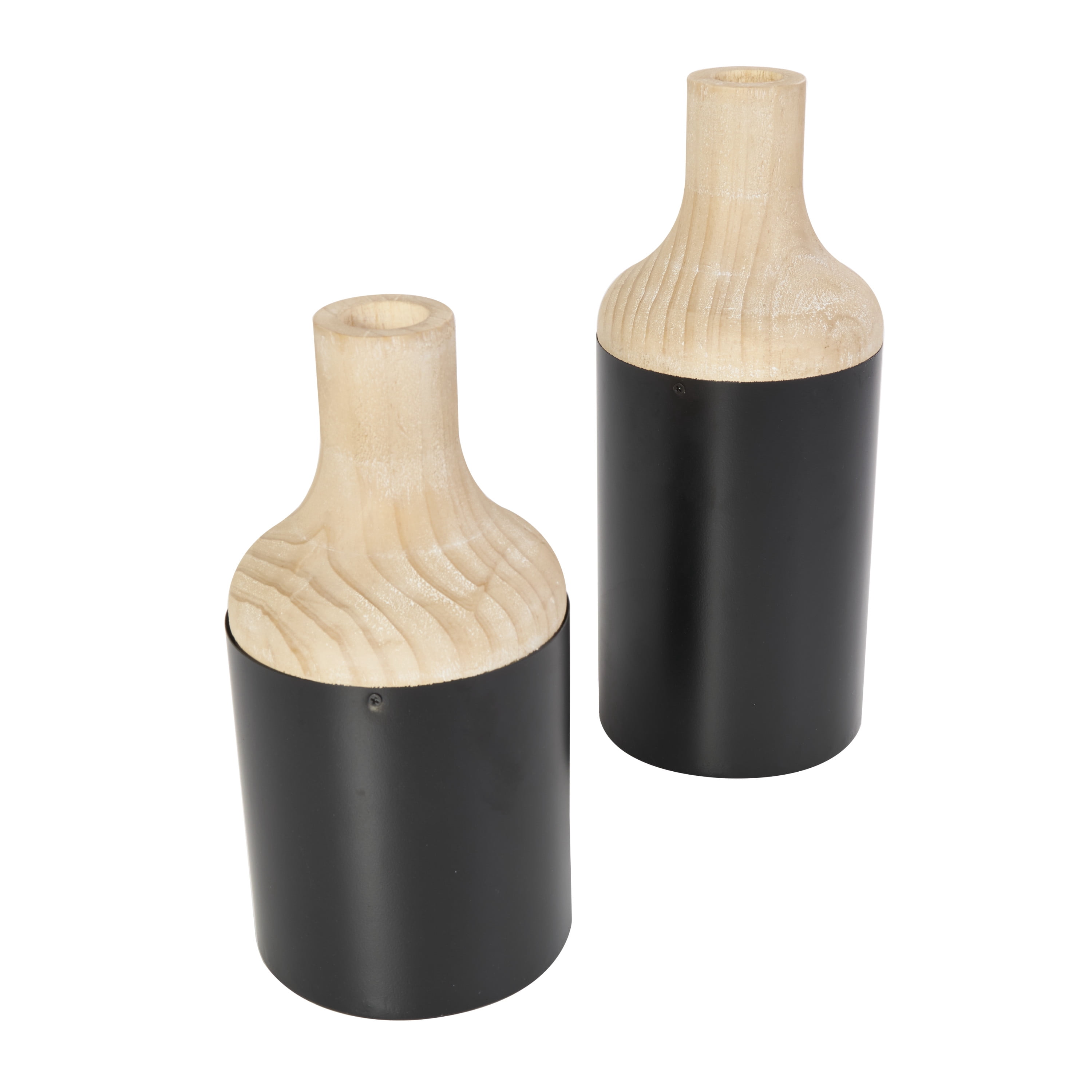 DecMode 12", 10"H Colorblock Black Wood Vase with Light Brown Wood Tops, Set of 2