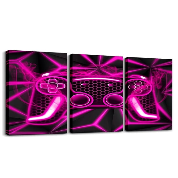 Erosebridal Video Game Paintings Wall Decor Framed, Gaming Gamer Gamepad Wall Hanging Decor Bedroom, Pink Neon Light Wall Decorations for Living Room, Luxury Bedroom Decoration