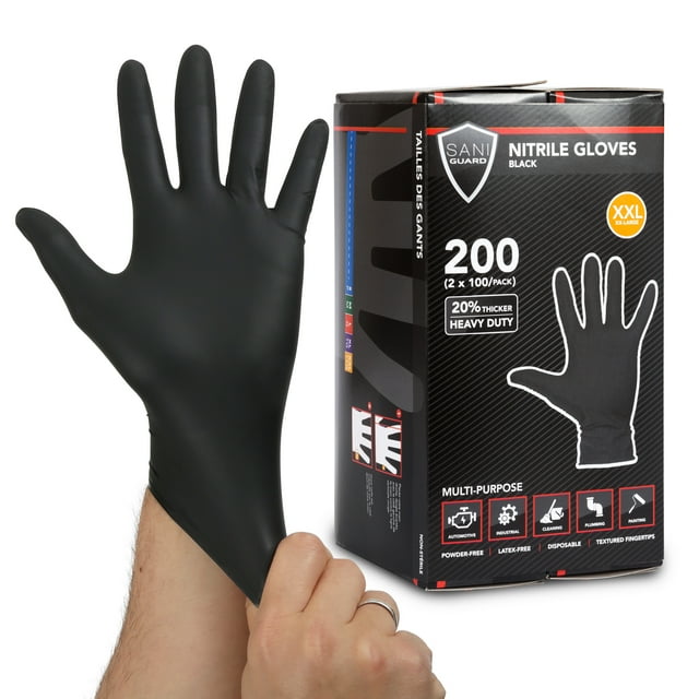 Gants en Nitrile Noirs Robustes Taille TTG (200 Pcs), Polyvalents, Bouts des Doigts Texturés, Sans Poudre, Sans Latex