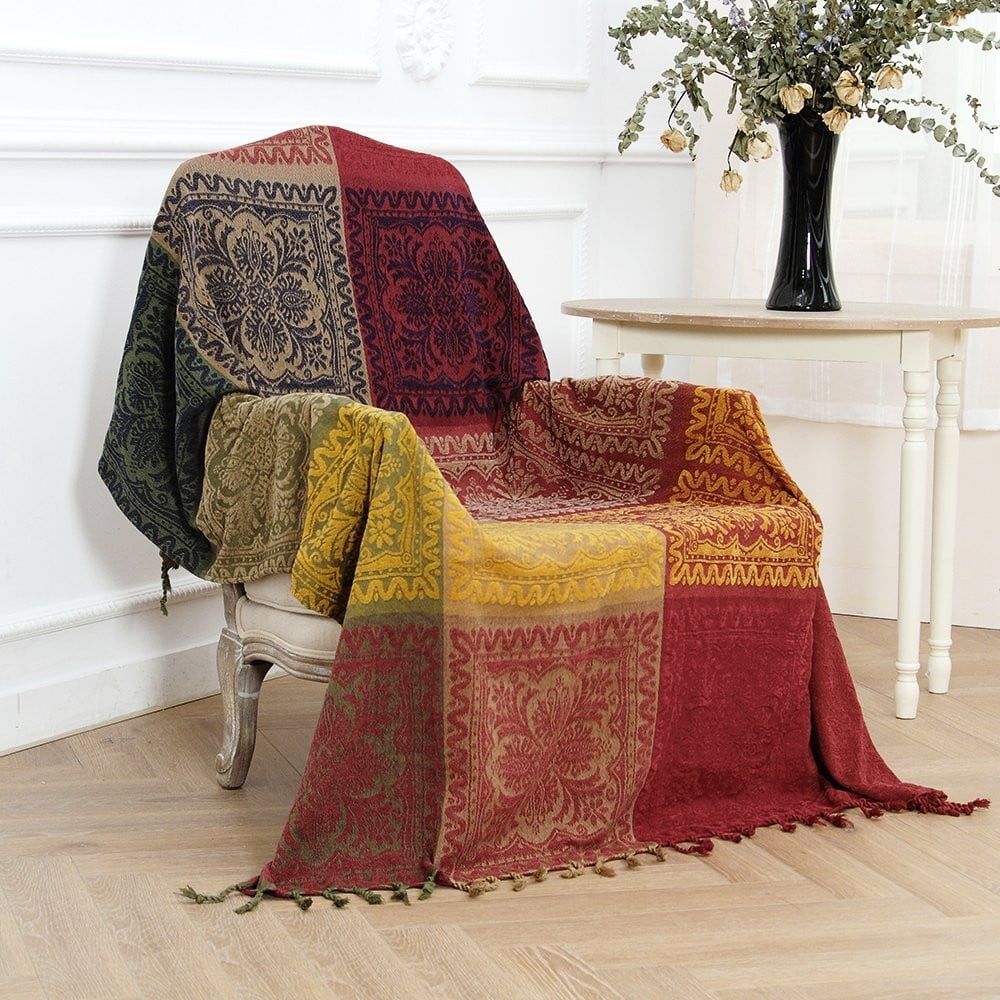 MOVANNE 75x60 Inch Machine Wash Boho Tribal Throws Blankets Colorful Bohemian Hippie Chenille Throw Covers Couch Furniture Sofa Chair Loveseat (Red, S:75x60)