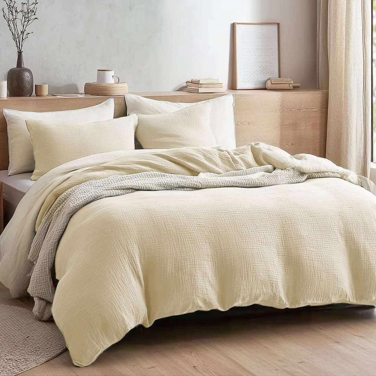Muslin Duvet Cover Set 100% Cotton King Size Double Layer Linen Like Gauze Comforter Cover Cream