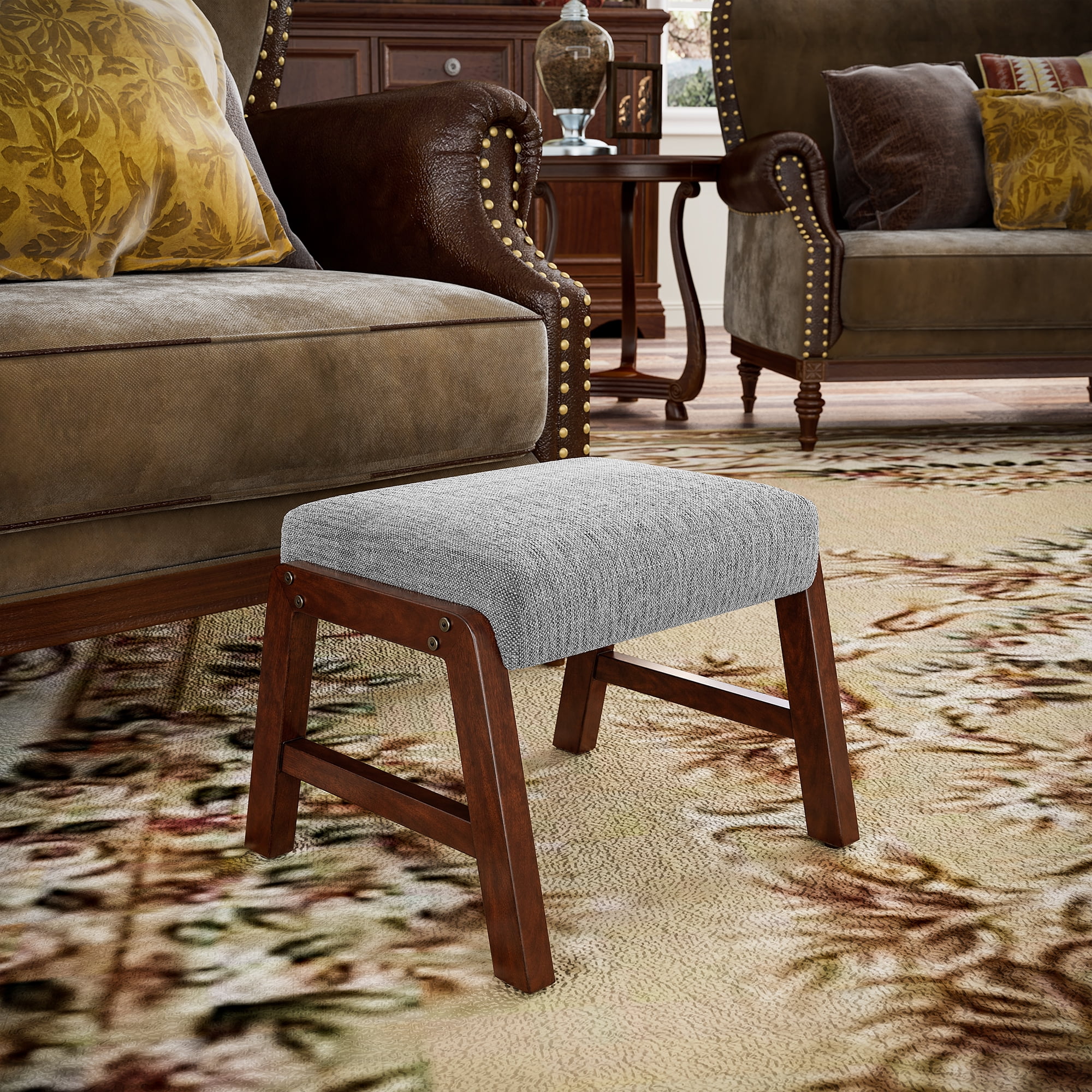 Small Footstool Ottoman, Fabric Wooden Foot Rest Ottoman with Wood Legs, Small Foot Stool Sofa Footrest Extra Seating for Living Room Entryway Office, Light Grey