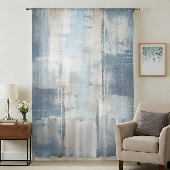 Blue Beige Sheer Curtains 63 Inches Long, Oil Painting Abstract Art Contemporary Light Filering Curtains, Breathable Simi Curtain Privacy Drapes for Living Room Bedroom Lightweight Window Treatment