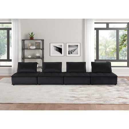 Aveline 160"W Black Velvet 4-Seater Modular Sofa
