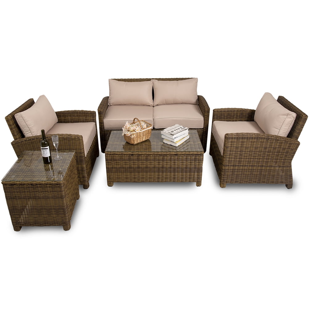 Kadyn 5 Pieces Patio Furniture Set, Outdoor Patio Rattan Furniture Sofa Set for Bistro, PE Rattan Conversation Set with 2 Table, Loveseat and 2 Single Chairs, Khaki