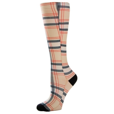 Celeste Stein Graduated Compression Knit Socks, Queen Wide Calf, 8-15mmHg, Nude Plaid with Black Heel and Toe