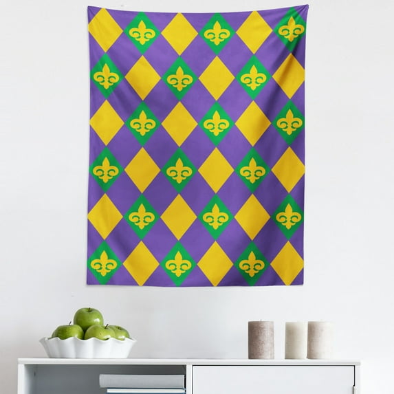 New Orleans Tapestry, Mardi Gras Themed Rhombuses with Fleur De Lis Motifs Classic Geometry, Fabric Wall Hanging Decor for Bedroom Living Room Dorm, 5 Sizes, Green Violet Yellow, by Ambesonne