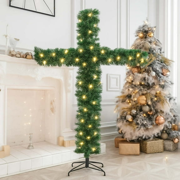 Cross Christmas Tree, Foldable Cross Christmas Tree, Christmas Decorations Indoor Pre-Lit Artificial Pine Christmas Cross with Led & Wooden Rattan Ring, for Home Decor 6ft