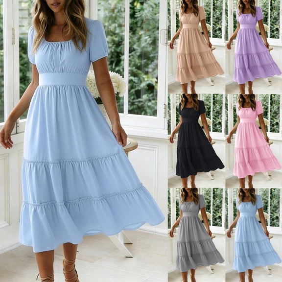 HBBIKVI Square Neck Cottagecore Dress for Women Summer Short Sleeve Peasant Midi Dress with Puff Sleeves,Elastic Waist,and Tiered Ruffle Skirt for Vacation Outings