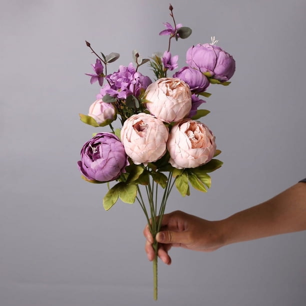 Xiao Hua Ramo de peonías artificiales de estilo europeo, 13 flores de primavera, ramos de peonías de seda artificiales, decoración para bodas, aniversarios, 12 unidades