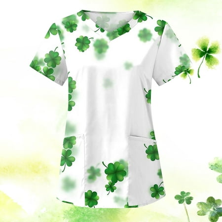 

MELDVDIB Womens St Patricks Day Nursing Scrub Tops Working Uniform Short Sleeve V Neck Workwear Casual Summer Blouse T Shirts with Pockets Gift on Clearance
