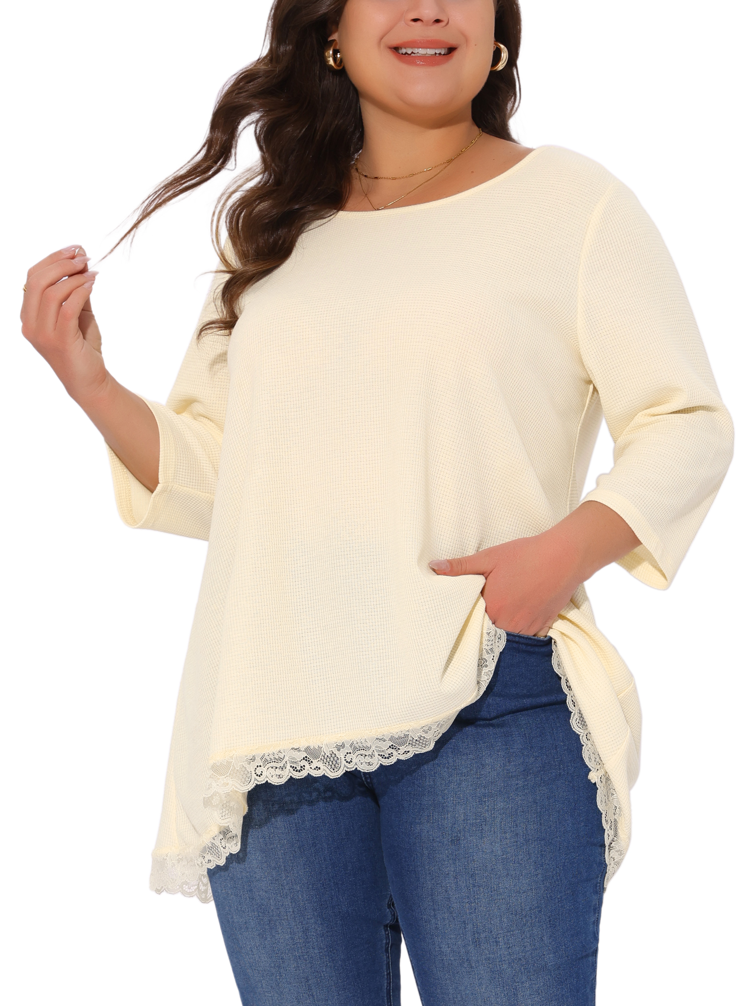 DARING DIVA Women's Plus 3/4 Sleeves Round Neck Lace Panel Top 4X Beige