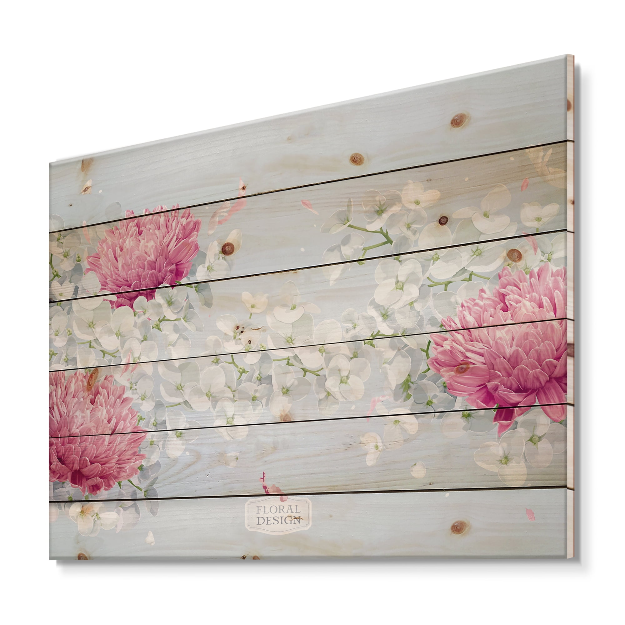 Designart 'Apple Blossom and Chrysanthemums' Traditional Print on Natural Pine Wood