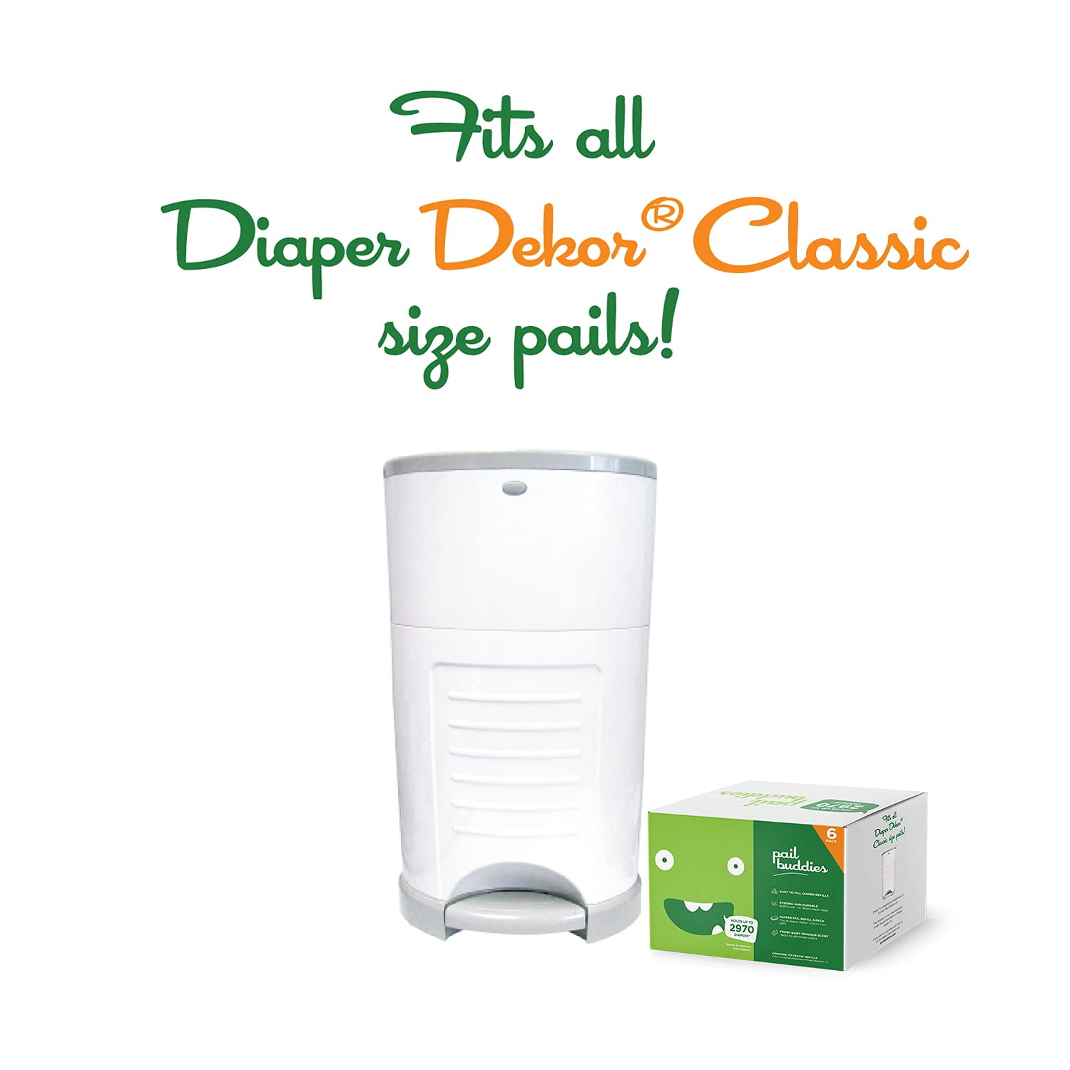 Pail Buddies Diaper Pail Refills for Dekor Classic, 6-Pack Refill Bags, Holds Up to 2,970 Diapers, Strong Disposable Liners with Odor Control, Baby Powder Scent