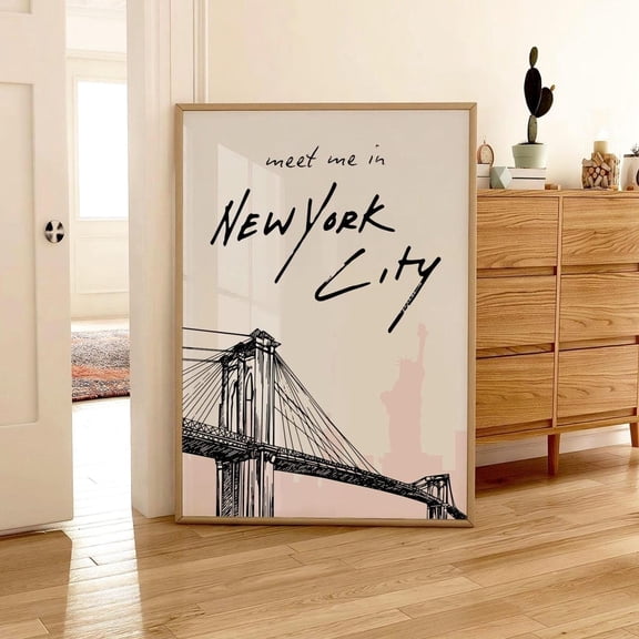 New York City Black And White And Soft Pink Poster, Nyc Print, Brooklyn Bridge Retro New York Wall Decor, Vintage Trendy Girly Wall Art Home Decor #683, Unframed Poster Size 8x12