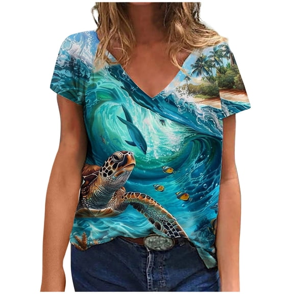 Cilsoka Graphic Tees for Women Trendy, Womens Short Sleeve Tops Summer Fashion Animal Print T Shirt Casual V Neck Button Blouses Sea Turtle Graphic Tees