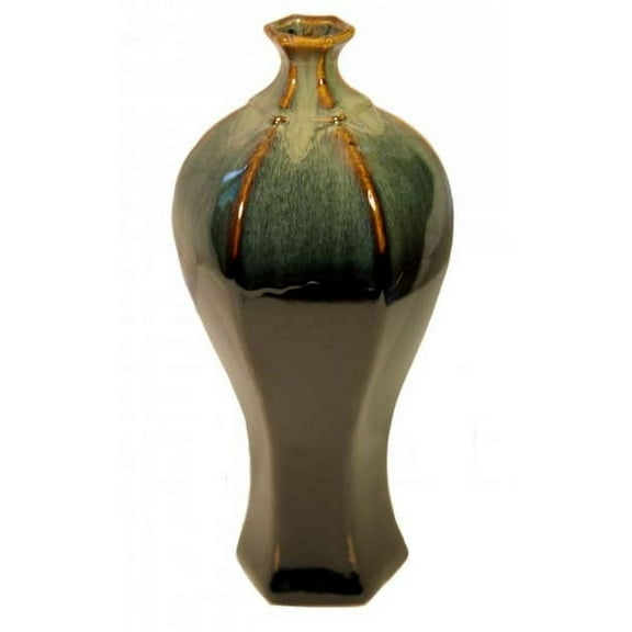 16"H. Hexagonal Black Chinese Porcelain Flower Vase with Hand Glazed 3 Color Drip - Oriental Furniture Warehouse