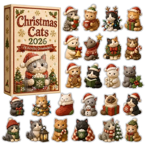 Christmas Cats 2026 Advent Calendar, 24 Days Christmas Countdown Calendar with Cute Wood Carving Style Kitty Acrylic Hanging Ornaments, Collectible Christmas Tree Decor Holiday Surprise Gift
