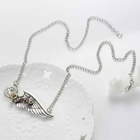 SEXY SPARKLES Steampunk Necklace Link Curb Chain Antique Silver Wing Gear For Women