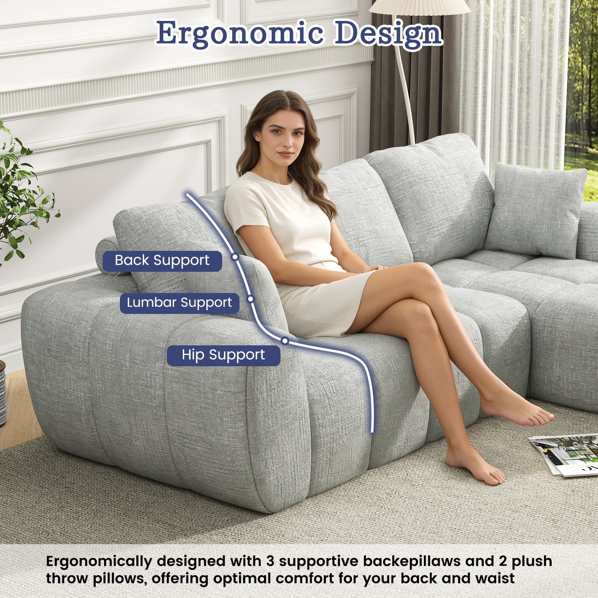 101" Cloud Sectional Couch with L-Shaped Chaise, Modular Sectional Sofa with Deep Seat, Comfy Corduroy Boneless Couches for Living Room, No Assembly Required, Pearl Gray