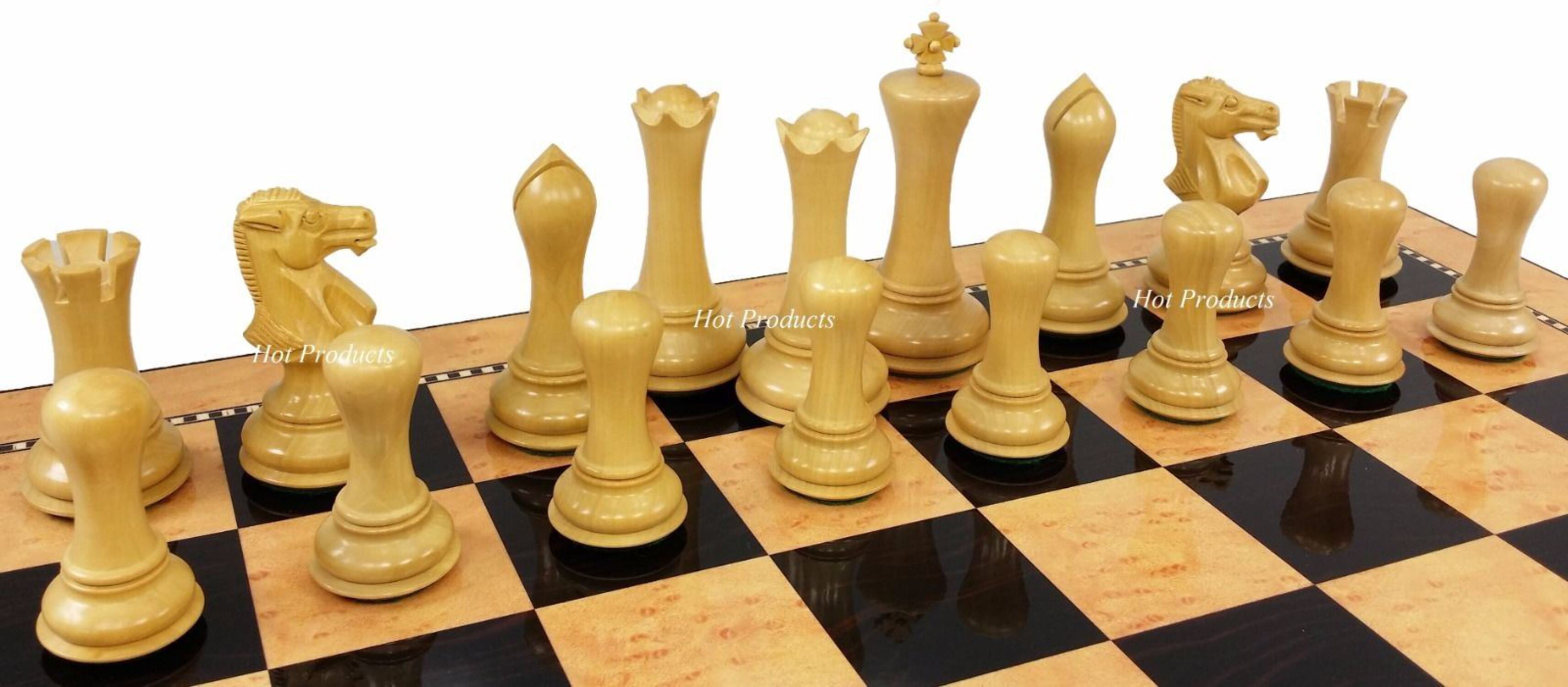 4 Q Black Natural Empire Modern Staunton Wood Chess Set 20" Gloss Storage Board