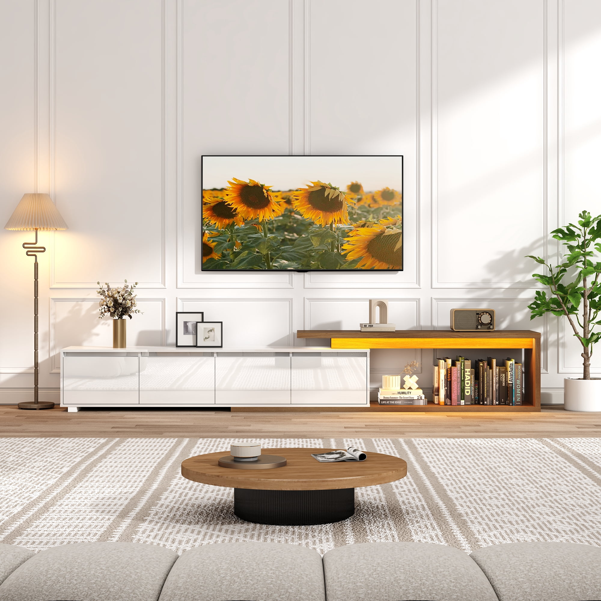 ANPOO Extendable TV Stand Cabinet with Drawers & LED Light, High Gloss Modern Minimalist Entertainment Center for Up to 120" TV, Reversible Extra Long TV Media Console, White & Walnut