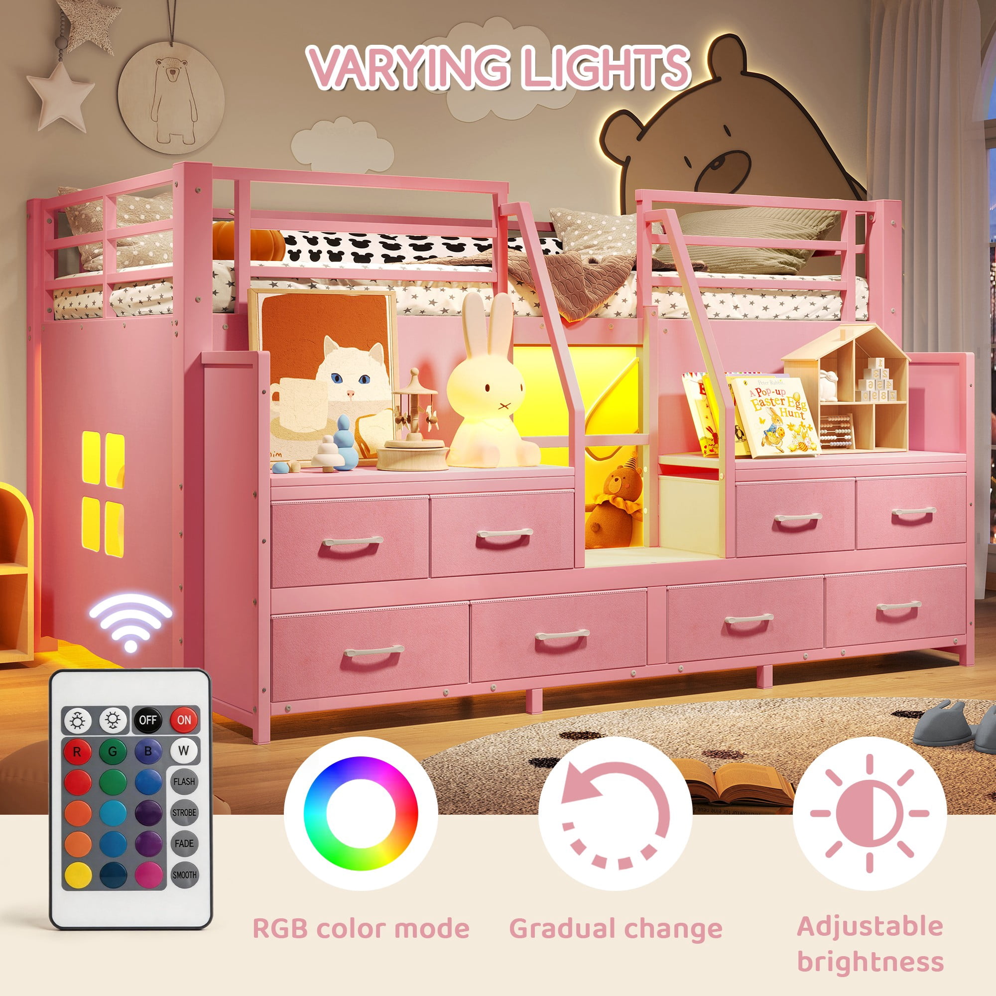 Aukfa Twin Low Loft Bed with 8 Storage Drawers, Shelves & LED Lights, Metal Loft Bed for Kids Bedroom, Pink
