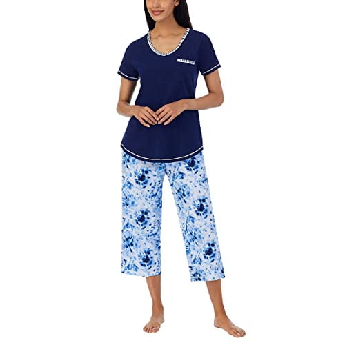 Carole Hochman Women s 4 Piece Pajama Set Tank Top Short Sleeve Top Short and Capri Pant Blue Tie dye Large Walmart