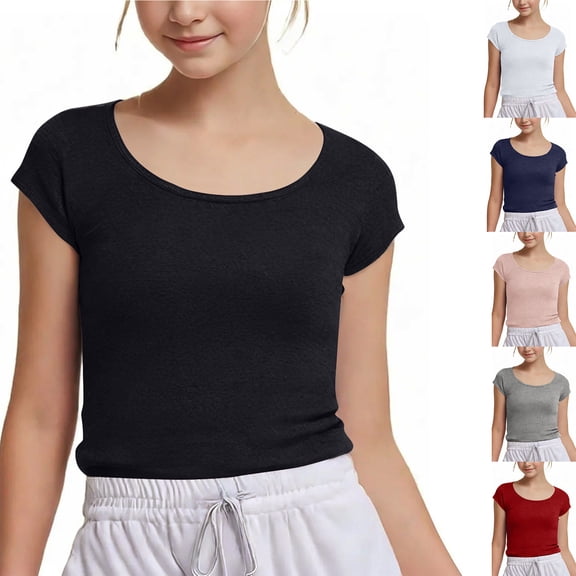 Girls Short Sleeve T-Shirts Low Scoop Neck Slim Fitted Crop Top Casual Basic Tee Girls Summer Tops Back to School Clothes
