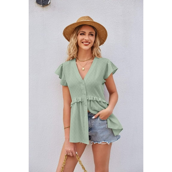 Buttoned V-Neck Ruffle Trim Top
