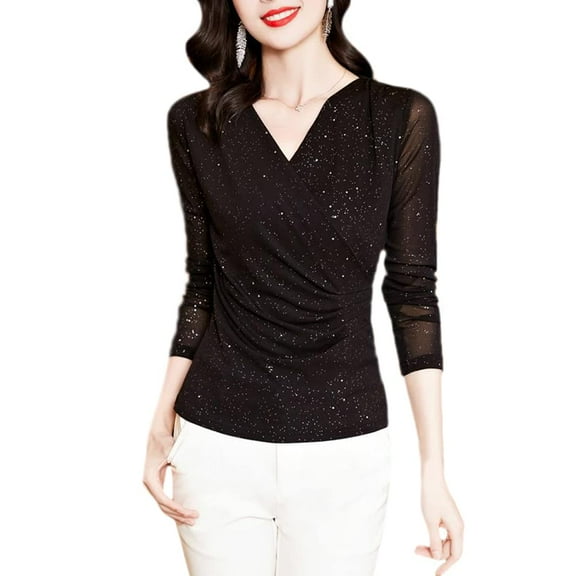 YM YOUMU Women Long Sleeves Mesh Sheer Front Surplice Wrap Top V Neck Sparkle Cross Blouse Shirt