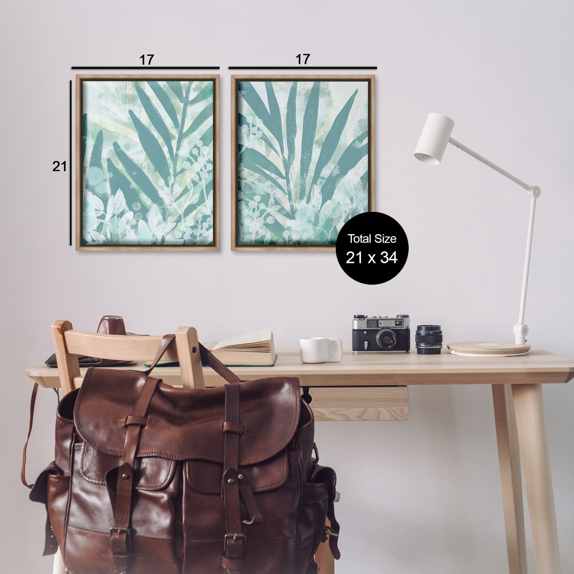 Stupell Industries Teal Palm Fronds Plants & Flowers Painting Brown Floater Framed Canvas Art Print Wall Art, 17 x 21, Set of 2