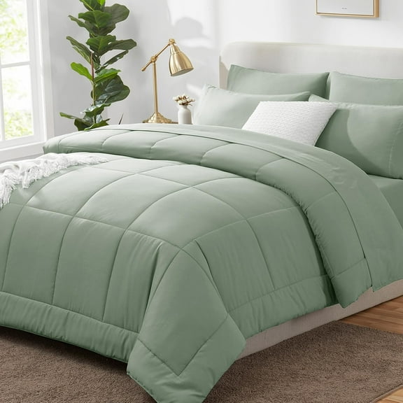 Queen Comforter Set Sage Green, 7 Pieces Bed in a Bag, Green Comforter Queen Size, All Season Bedding Sets with Stitch Quilted Comforter, Flat Sheet, Fitted Sheet, Pillowcases