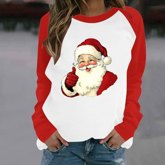 Mifsaly Women Christmas Shirts Plus Size Xmas Santa Print Tunic Sweatshirt Loose Crewneck Raglan Long Sleeve Tops Pullover Merry and Bright Festival Party T-Shirts 2025 Holiday