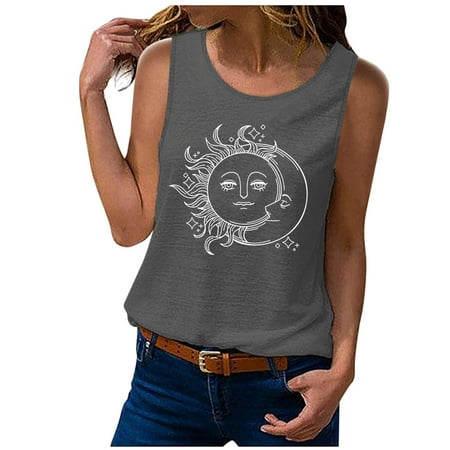 

Clearance Blouses for Women Dressy Casual Fashion Women s Casual Moon Sun Letter Print Sleeveless O-Neck Tank Top Blouse Round-Neck Basic Tees for Women Gray XL