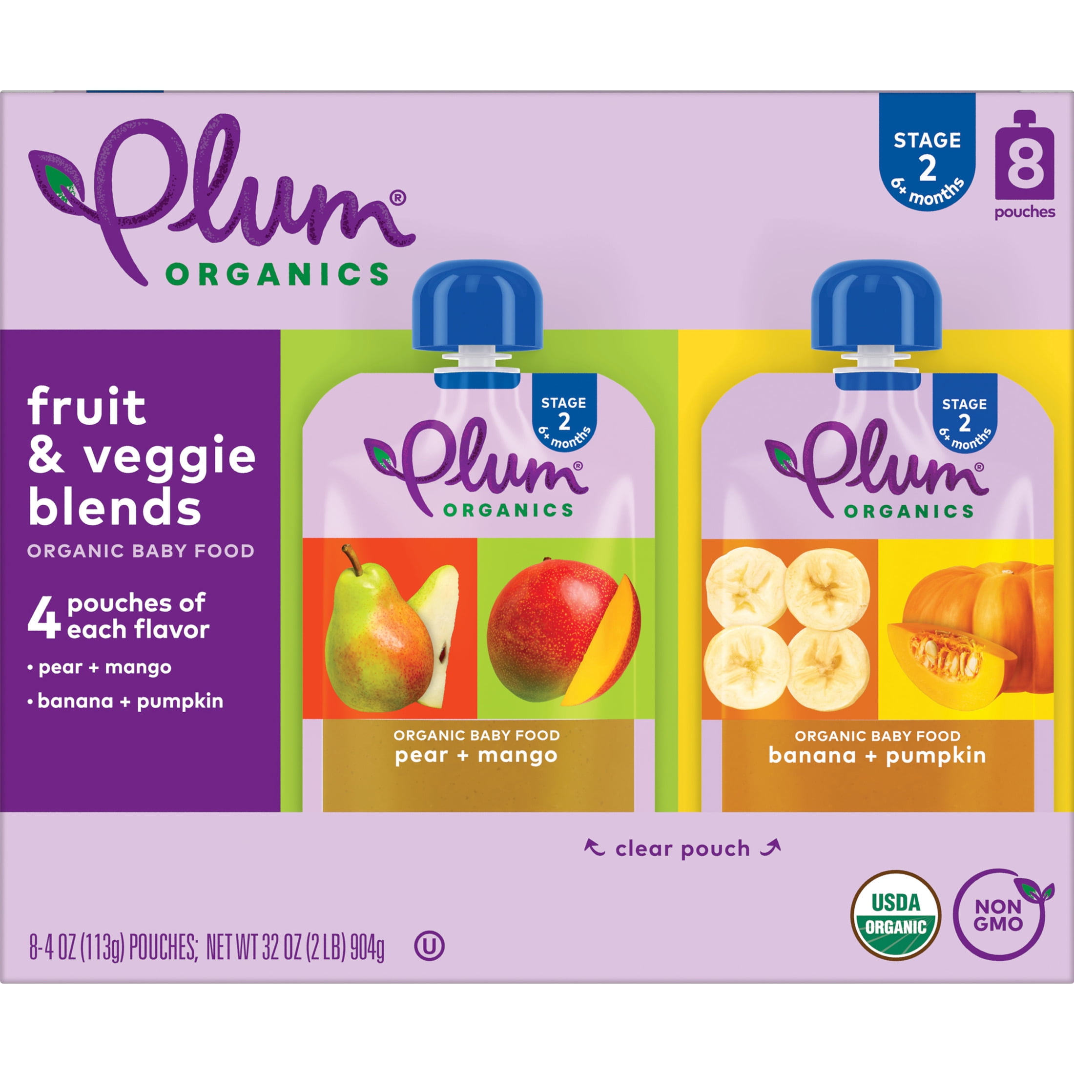 (2 pack) Plum Organics® Stage 2 Fruit & Veggie Blends Organic Baby Food Pear + Mango and Banana + Pumpkin 4oz Pouch-8-Pack