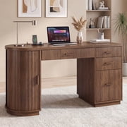 ROGALIS 58" Fluted Executive Desk with Storage Drawers & File Drawer, Computer Desk with Charging Station, Modern Home Office Writing Desk for Office, Bedroom, Study Room, Apartment, Walnut