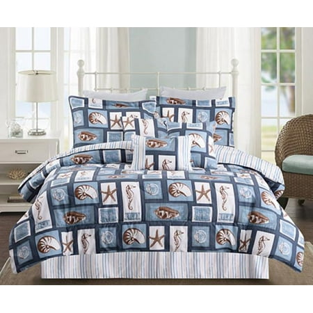 Blue Tan Seashells Starfish Seahorse Beach House Nautical