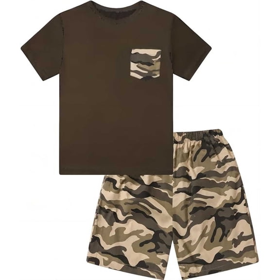 Shinyii Summer Boys Casual Outfits Camo Short Sleeve Pocket T-Shirt Shorts Set, Sizes 4-14