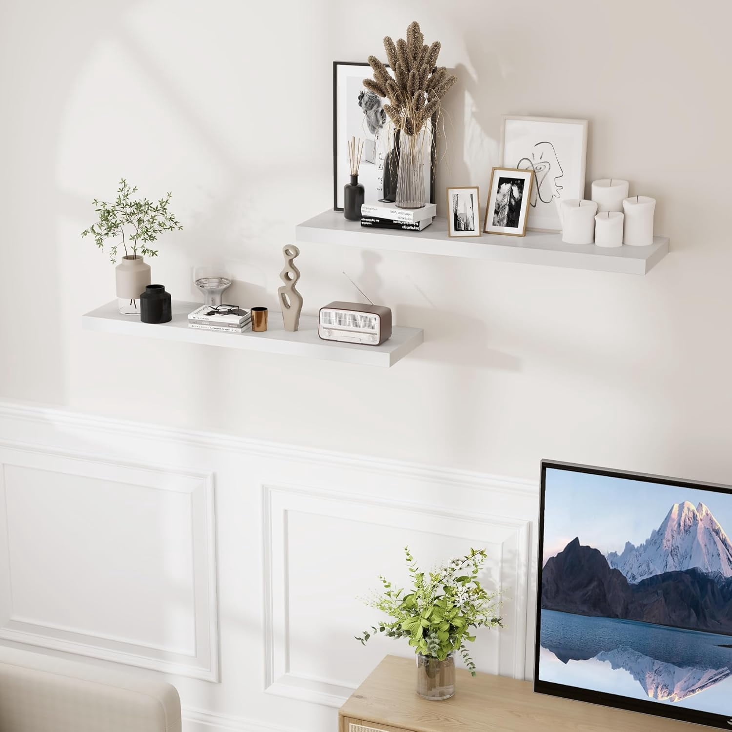 Floating Shelves White 36 Inch Long, 9.3" Deep Floating Shelf Wall Mounted, Rustic Deep Bookshelf, Large Display Storage Shelves for Bathroom, Bedroom, Kitchen, 36"W x 9.3"D x 1.5"H, Set of 2