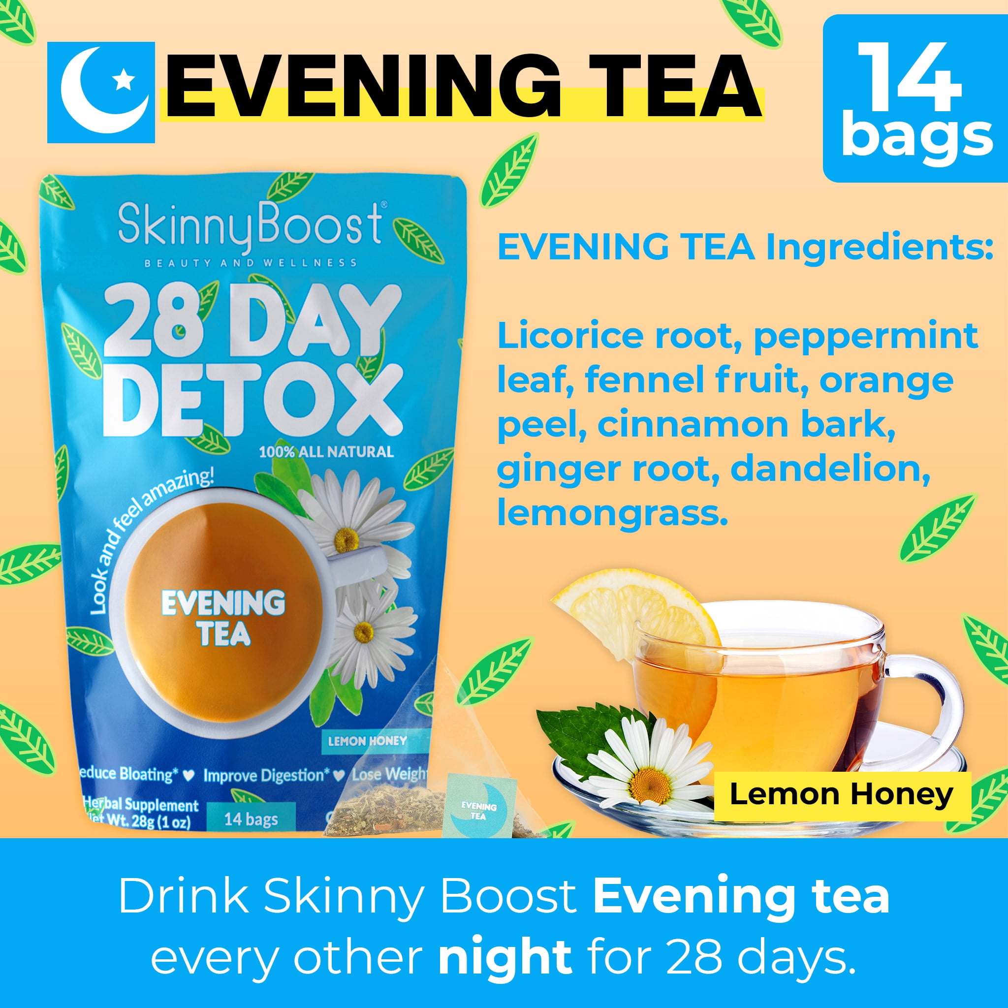 Skinny Boost 28 Day Detox Tea Kit-1 Daytime Tea (28 Bags) 1 Evening Detox Tea (14 Bags) Supports Detox & Cleanse-Non GMO, Vegan, All Natural