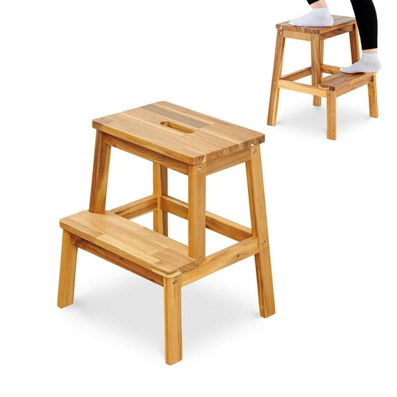 Geemuslly 2-Step Acacia Wood Step Stool for Adults & Kids, 19.6" Tall Wooden Stool 350 lbs Capacity, Bathroom Bench, Kitchen or Closet Use