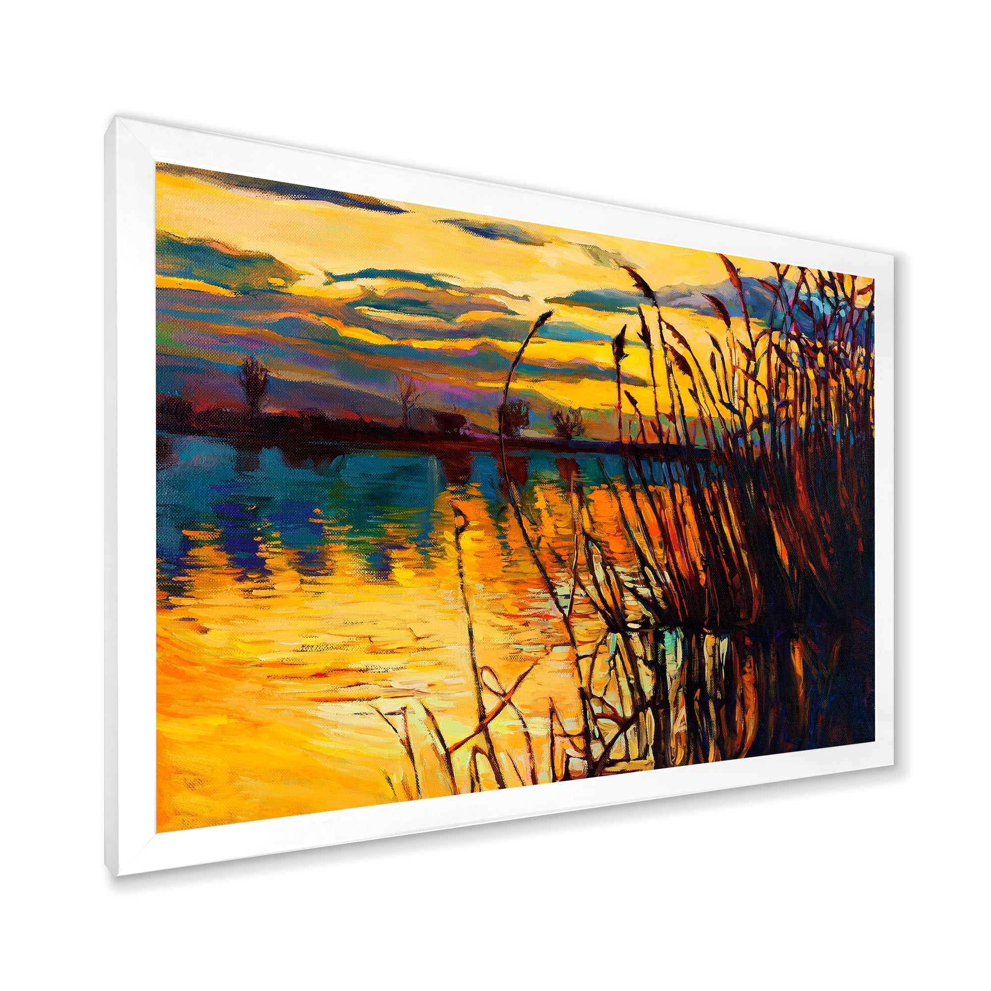 Designart 'Yellow Evening Glow Through The High Grass By The Lake' Nautical & Coastal Framed Art Print