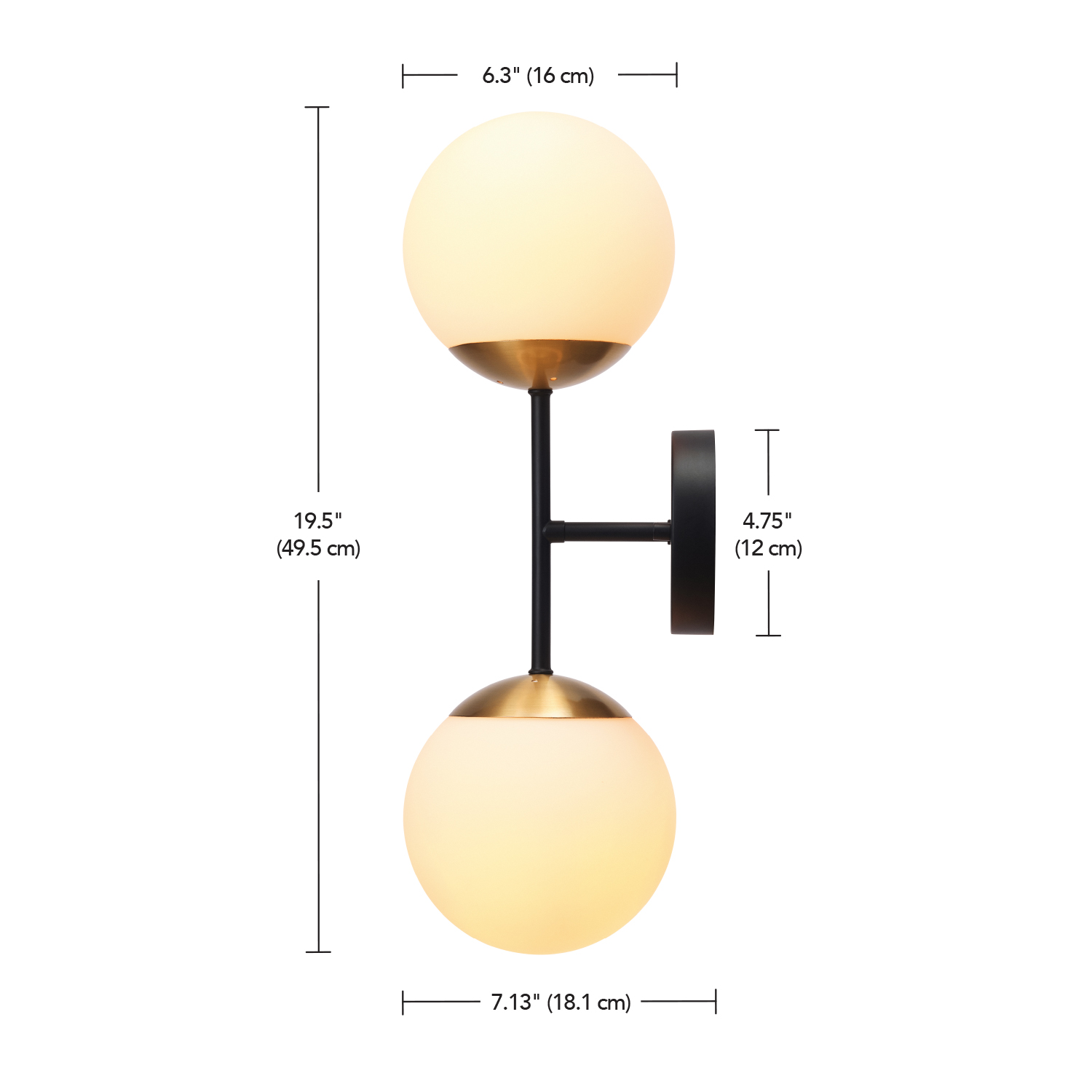 Globe Electric Indoor 2-Light Matte Black Wall Sconce with Brass Accent and Opal Shades, No Battery