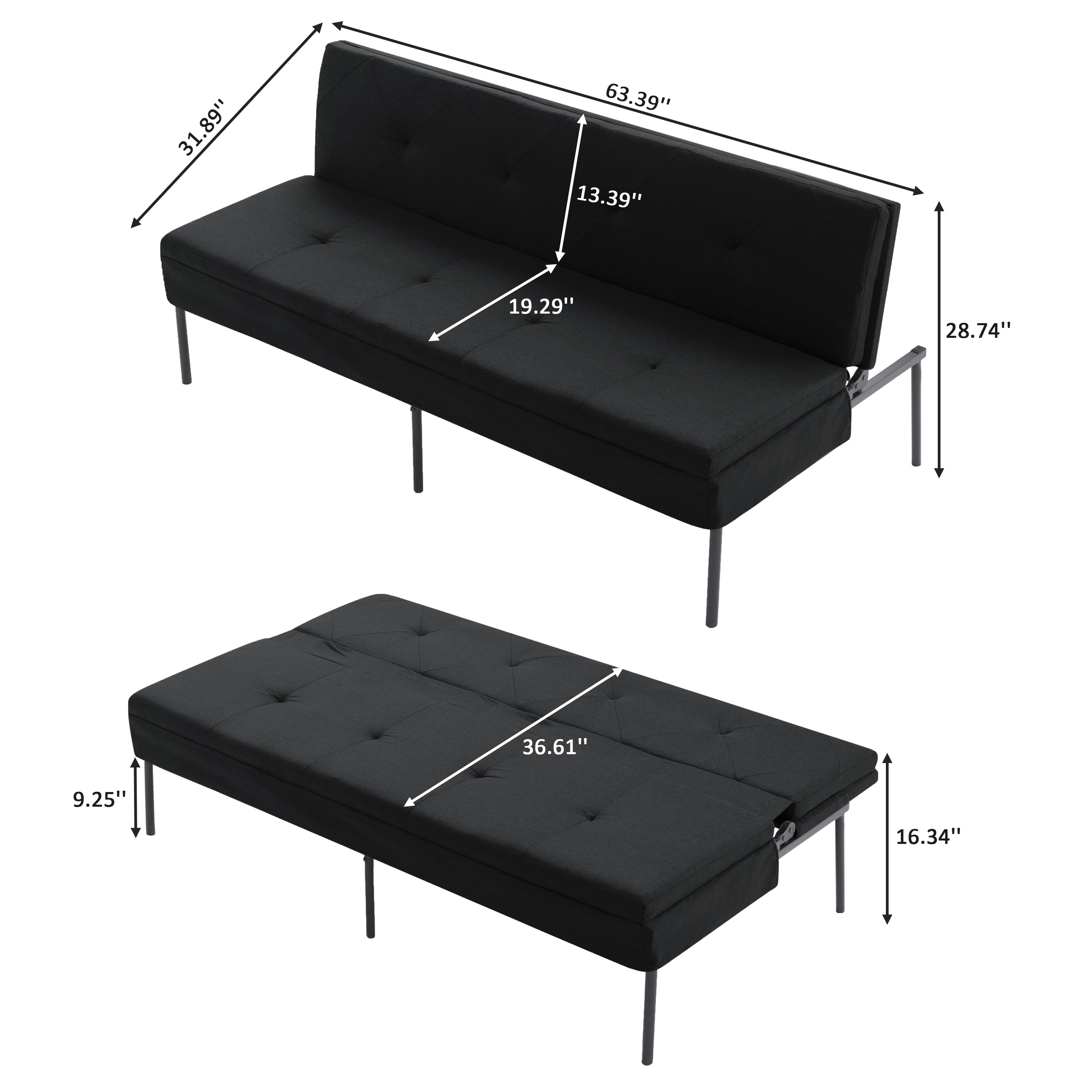 Gewnee 63.39”Futon Sofa Bed,Convertible Sleeper Couch - Iron Frame & 5 Adjustable Positions,Perfect for Living Room,Office,Apartment,Black
