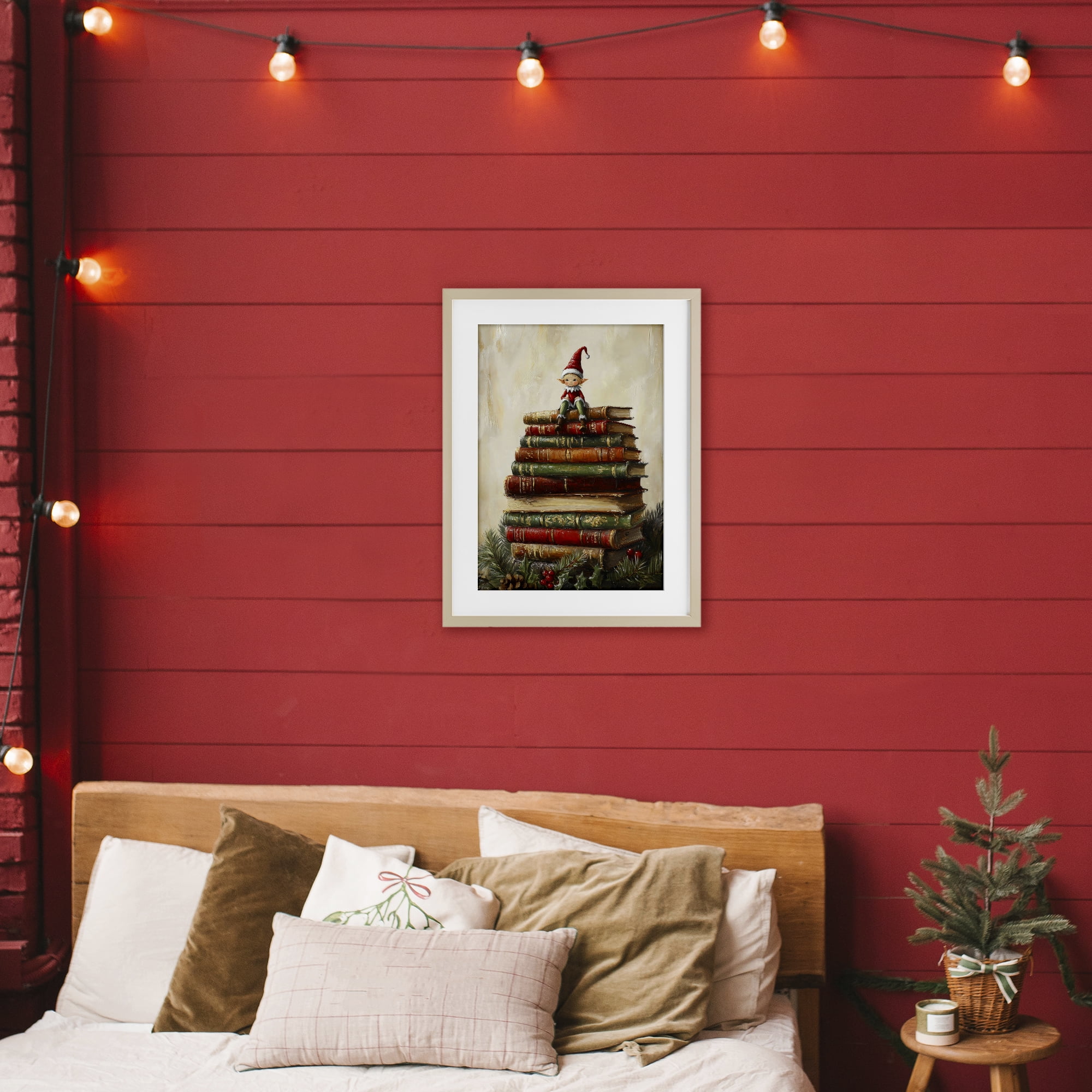 Christmas Elf Bookstack Birch Framed Print Under Glass, design by Petal Prints Design
